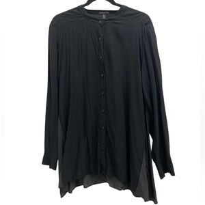 Eileen Fisher Black Silk Two Tone Button Down Tunic Mandarin Collar Size Medium